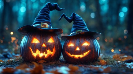 Naklejka premium Glowing Jack-o'-Lanterns with Witch Hats in a Spooky Halloween Forest