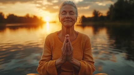group of seniors with sport instructor doing exercise outdoors in nature at sunset active lifestyle