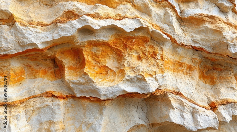 Poster a close-up of an eroded rock face revealing layers of sedimentary rock with contrasting shades of wh