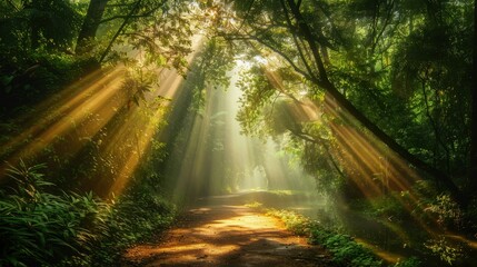 Fototapeta premium Sunbeams Piercing Through Lush Green Forest