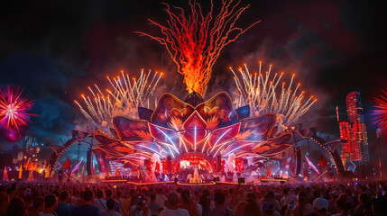 Crowd enjoying live music concert with fireworks exploding