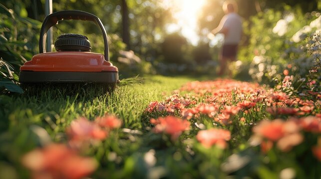 Man Trimming Backyard Grass with Electric Cutter on a Sunny Day for Lawn Care Enthusiasts