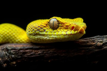 Obraz premium The Yellow White-lipped Pit Viper (Trimeresurus insularis) closeup on branch with black background, generative ai