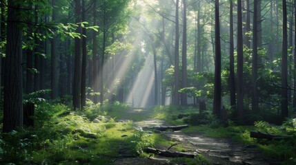 Obraz premium Sunbeams Illuminating a Forest Path