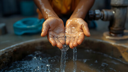 Fototapeta premium Cupped Hands Catching Water from a Spigot