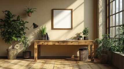 Minimalist modern bohemian interior with empty frame on reclaimed wood shelf, surrounded by lush greenery and soft warm natural light with eerie shadow