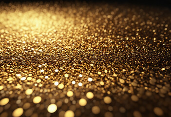 Close up of sparkling golden glitter particles on shimmering surface, gold texture