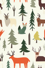 Naklejka premium seamless background tile, Colorful forest animal and tree pattern in a playful, whimsical design