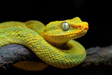 Obraz premium The Yellow White-lipped Pit Viper (Trimeresurus insularis) closeup on branch with black background, generative ai