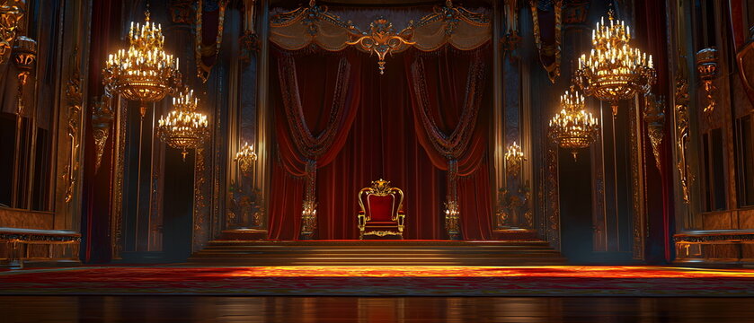 Golden Throne Room: A majestic throne, crafted from gleaming gold, stands at the center of a grand room, bathed in ethereal light.