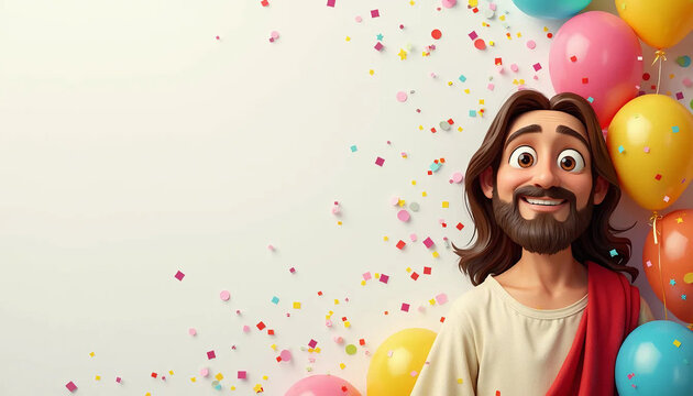 Anivers&aacute;rio. Personagem animado com barba, cercado por bal&otilde;es coloridos e confetes, em um ambiente festivo e vibrante. Jesus Cristo. Festa de anivers&aacute;rio. Convite.
