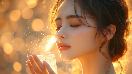 An Asian woman with glowing skin gently applying a hydrating mist during golden hour, soft sunlight casting warm highlights on her face, the mist sparkling in the air,