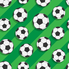 Seamless Pattern of Balls for Soccer or Football Against Green Stripes