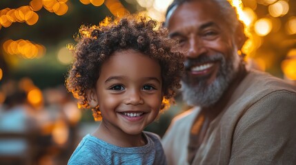happy biracial family with small son during family dinner with grandparents outdoors in garden