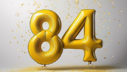 Yellow birthday / anniversary balloon, number 84, white background with confetti