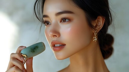 An elegant close-up of an Asian woman using a jade roller on her glowing, smooth skin, soft natural...