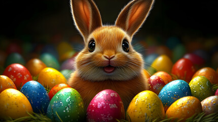 Cute Bunny Surrounded by Colorful Easter Eggs