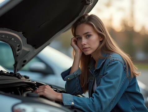 Young sad woman looking under the hood of her car, automobile broke down and won't start, lady waiting for help of vehicle mechanic engine accident drive problem of female, trouble lady confused 
