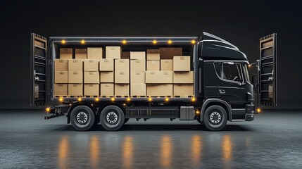 Rear View of Truck Loaded with Cardboard Boxes for Cargo Transport