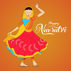 woman in colorful traditional attire dancing  the background colour is orange  The text Happy Navratri is prominently displayed