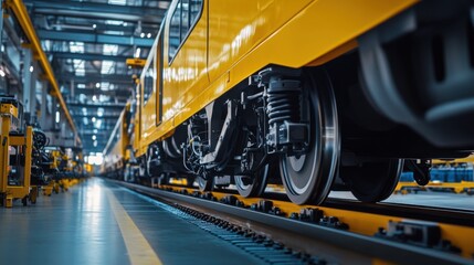 Fototapeta premium Closeup of a modern yellow train on the factory production line, showcasing industrial vehicle technology, Created with Generative AI.