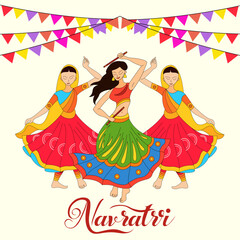  Three women in colorful traditional attire dancing Garba or Dandiya for Navratri with festive flags above them and the word Navratri elegantly written below