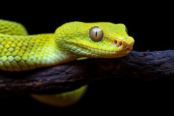 Fototapeta premium The Yellow White-lipped Pit Viper (Trimeresurus insularis) closeup on branch with black background, generative ai