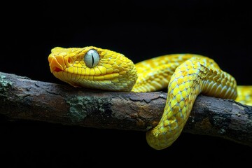 Fototapeta premium The Yellow White-lipped Pit Viper (Trimeresurus insularis) closeup on branch with black background, generative ai
