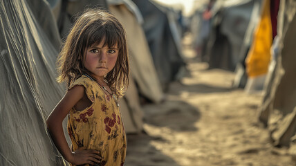 Young girl standing in a refugee camp during International Volunteer Day activities