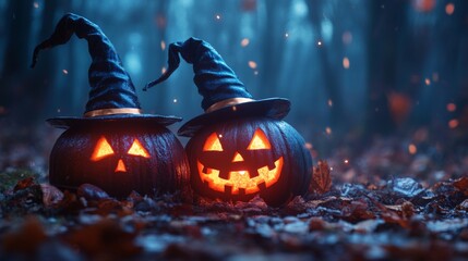 Fototapeta premium Glowing Jack-o'-Lanterns with Witch Hats in a Spooky Halloween Forest