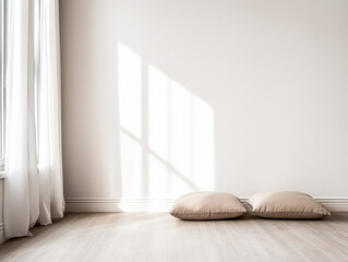 Bright and serene interior corner with sunlight on beige pillows in a minimalistic room