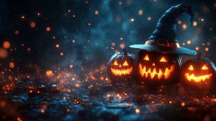 Naklejka premium Glowing Jack-o'-Lanterns with Witch Hats in a Spooky Halloween Forest