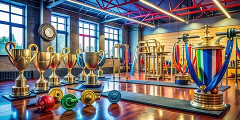 Naklejka premium Celebrating Fitness Success with Trophies, Medals, and Healthy Lifestyle Elements in a Gym Setting