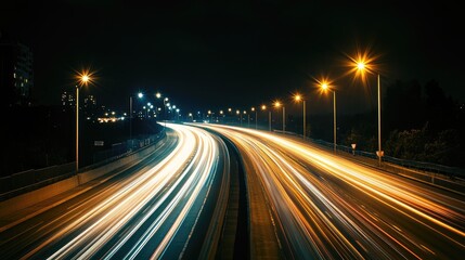 Obraz premium A dramatic nighttime shot of an expressway illuminated by streetlights, with streaks of headlights and taillights creating a beautiful light trail effect.