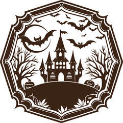 Halloween border silhouette illustration for tree bat pumpkin and house