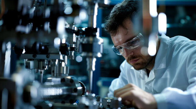 focused mechanical engineer is calibrating intricate machinery in lab environment, showcasing precision and expertise in engineering tasks