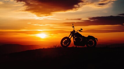 A dramatic sunset backdrop with a motorcycle parked on a hill, casting long shadows, representing the end of a perfect day of riding and exploration.