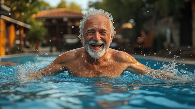 happy senior man jumping into the swimming pool at backyard
