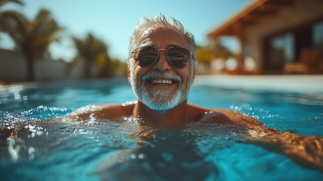 happy senior man jumping into the swimming pool at backyard