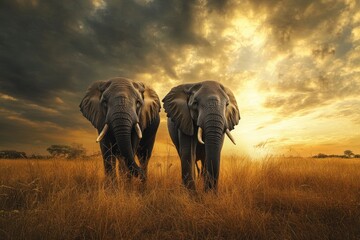 Obraz premium Two elephants in the field of south africa..generative ai