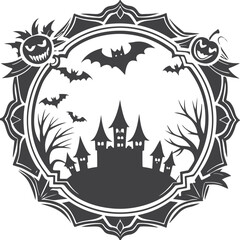 Halloween border silhouette illustration for tree bat pumpkin and house
