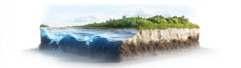 Abstract land and water landscape with lush greenery, isolated on a white background.