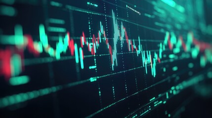 Obraz premium A dynamic line graph displaying fluctuating stock prices on a digital screen, with green and red indicators highlighting market trends and investor sentiment.