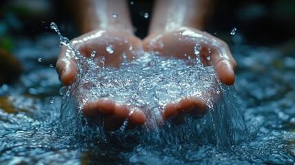 Fototapeta premium Splash of Crystal-Clear Water in Hands - Perfect for Wellness and Nature Themes