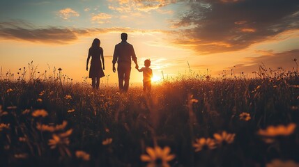 Fototapeta premium happy young family spending time together outside in nature during sunset