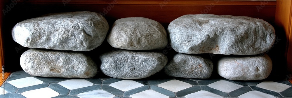 Leinwandbilder stack of smooth, gray stones arranged in a symmetrical pattern atop a geometric tiled floor