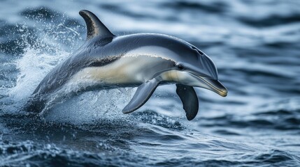Obraz premium A dynamic shot of a dolphin breaching the surface with its mouth open, splashing water around, capturing the excitement and vitality of ocean life.