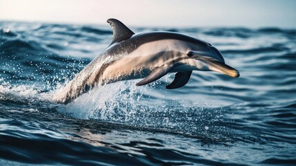 A dynamic shot of a dolphin breaching the surface with its mouth open, splashing water around, capturing the excitement and vitality of ocean life.