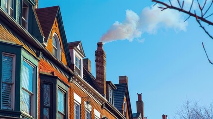 Chimney Smoke Above Urban Row Houses