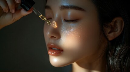 Obraz premium Close-up of an Asian woman’s face as she applies serum with a dropper, soft focus on her glowing skin, the dropper held gently above her cheek, morning light softly illuminating her complexion,